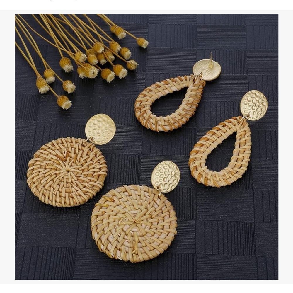 Handmade Straw Wicker Braid Teardrop Hoop Drop Dangle Earrings 4 Pairs - Picture 3 of 7